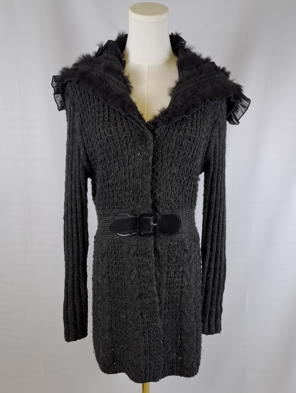 Sisters Gray Black Fur Trim Belted Knit Long Cardigan Sweater Whimsy Witch Small